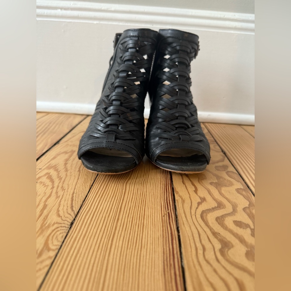 Vince Camuto  Black Peep-Toe Woven Ankle Boots